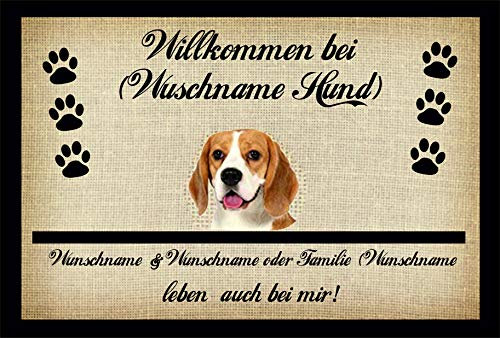 Crealuxe Fussmatte mit Wunschtext/Wunschname Willkommen bei ... Beagle - 60x40 cm - Gummi Rückseite/rutschfest - Filzoberfläche - Bedruckte Türmatte - Innenmatte - Schmutzmatte