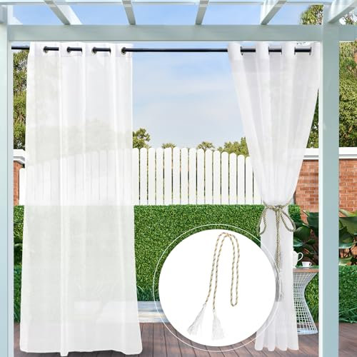 Clothink 2er Set Outdoor Vorhang Wetterfest Mit Ösen Transparent Rostfrei mit Ösen für Terrasse Garten Balkon Familienhaushalte einfache Montage farbecht haltbar(132x215cm,Weiß)