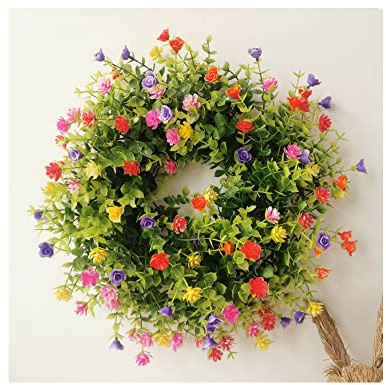 Super Idee Künstliche Türkranz Deko Schleierkraut Frühling in rosa violett gelb und grün Wandkranz Reisigkranz zum Aufhängen oder Hinlegen für Hochzeit Geburtstag Kamin Wanddekoration (30 cm)