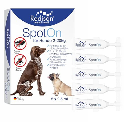 Redisan - Spot on pour Chiens Contre Les tiques & Les puces - Substance Active à Base de Plantes pour jusqu'à 15 semaines de Protection - Anti puces Chien - Anti Tique Chien