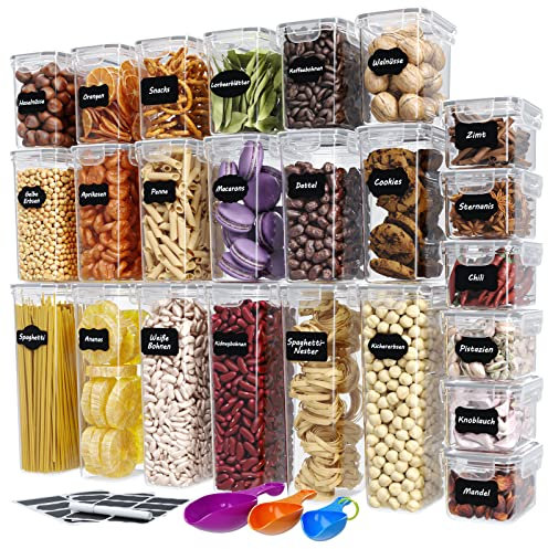 WELLGRO Vorratsdosen Set mit Etiketten, Kreidestift und Messlöffeln Frischhaltedosen mit Deckel BPA-frei luftdicht auslaufsicher spülmaschinengeeignet, Stückzahl:24-tlg.