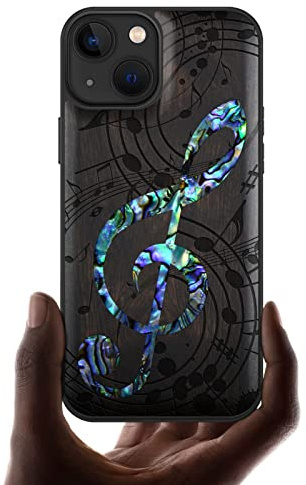 Carveit Magnetisch Hülle für iPhone 13 Case [Holzgravur & Muschel Inlay] Luxus und Persönlichkeit Handyhülle Kompatibel Magsafe mit Apple 13 Cover Holz（Dunklesholz-Musical Note）