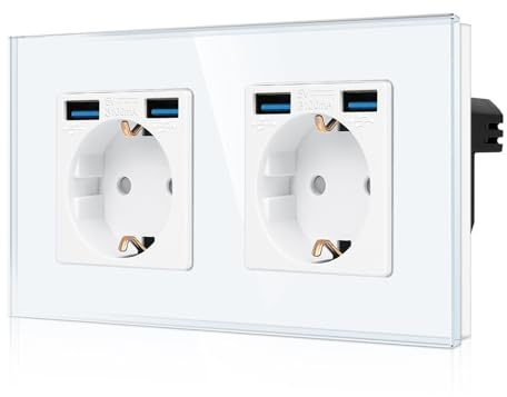 CNBINGO Dubbeluttag med 4 × USB-anslutning (2 typ A total max.2,1 ampere) – dubbelt glas Schuko-uttag infälld – vitt vägguttag med barnsäkring