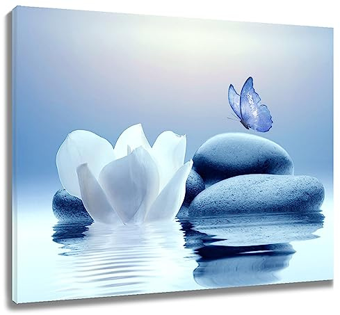 EOBTAIN Zen Seerose Leinwand Wandkunst Weiß Blumen und Blau Schmetterling auf Stein Schlafzimmer Wanddekoration Moderne Spirituelle Yoga Spa Malerei Bild Kunstwerk Badezimmer Dekor 50,8 x 40,6 cm