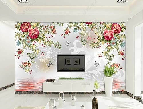 Papier Peint Panoramique 3D Reflet Rose Dessiné À La Main Papier Peint Intissé Trompe L Oeil Déco Mural Tableaux Muraux Photo 250Cm(W)*175Cm(H)