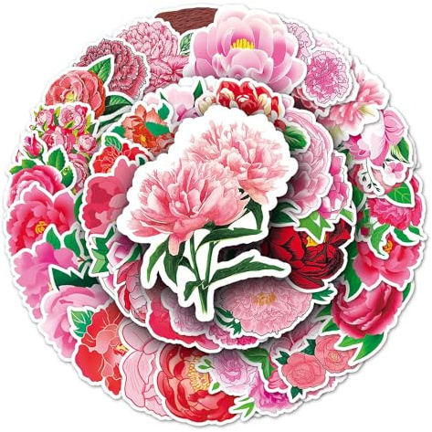 Aesthetic Peony Flower Vinyl Stickers, 50 PCS Pink & Red Peony Blossom Decals for Journals, Scrapbooking, Laptops, Water Bottles, Planners, Notebooks & DIY Decor