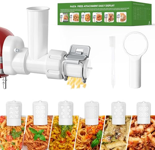 KRISVI 6 in 1 Pasta Aufsatz für Kitchenaid Standmixer, langlebiger Pasta Maker Aufsatz für einfache hausgemachte frische Nudeln mit 6 verschiedenen Formen Nudelauslass & Reinigungsbürste