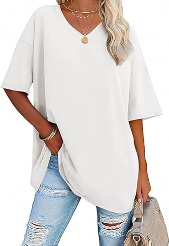 Haibang Camisetas Manga Corta Mujer Verano Cuello en V T-Shirt Oversize Casual Holgada Camisas Clásica Elegante Tops Básico Ropa Color Sólido Blusa Suelto Tallas Grandes