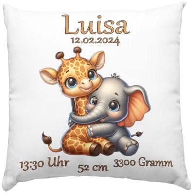 Baby Geschenk Kissen mit Namen und Geburtsdaten - Geburt Junge oder Mädchen Geburtsgeschenk Babykissen -personalisierte Babygeschenke -taufgeschenk von Taufpaten - neugeborenen Giraffe mit Elefant