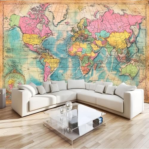Fototapete Weltkarte Bunt Retro 300x210 cm Vlies Tapete 3D Effekt Moderne Wandtapete Dekoration, für Wohnzimmer Schlafzimmer TV-Hintergrund Wanddeko Wallpaper