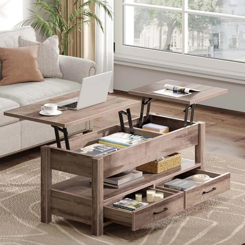 Rolanstar Couchtisch Höhenverstellbar, Couchtisch Holz mit Stauraum, Wohnzimmertisch Höhenverstellbar, Tisch Wohnzimmer mit Schublade