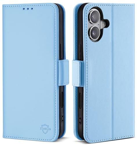 STAWLKA Plånboksfodral för iPhone 16 (6,1 tum), RFID-blockerande korthållare stativ, magnetisk stängning, flip folio PU-läder, fodral, stötsäkert, skyddande telefonfodral för iPhone 16 – ljusblå