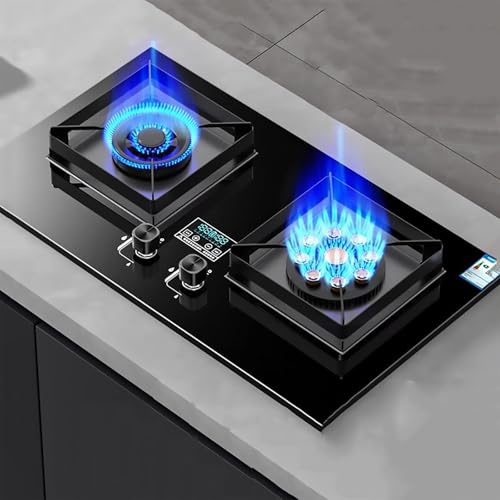 THEGA Fornello A Gas Tavolo E Incasso, Sinistra 5,0KW Destra 5,2KW Fornello A Gas Doppio, Timer da 180 Minuti su Entrambi i Lati, fornello a Gas in Vetro temperato, Facile da Pulire(NG)