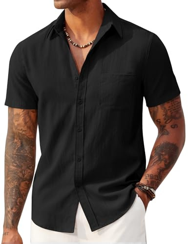 COOFANDY Mens Short Sleeve Button Down Shirts Casual Summer Vacation Linen Shirts with Pockets (Black, Medium)