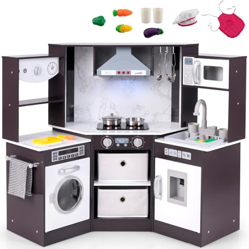 GYMAX Kids Corner Kitchen, Wooden Toy Kitchen with Sink, Stove, Microwave, Lighted Range Hood, Water Circulation, Water Dispenser & Washing Machine, Play Kitchen for 3 + Years Old (Coffee+White)