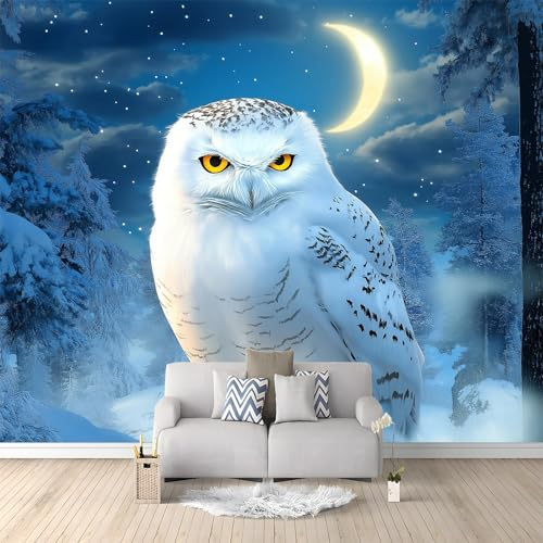 Gufo Della Foresta Invernale Carta da Parati Azzurro Carta da Parati TNT Fotomurali Moderna Carta Parati Fotomurale 3D Effetto per Soggiorno, Camera Letto, Sala Pranzo, TV Sfondo 250x175 cm
