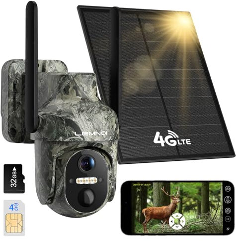 LEMNOI Fotocamera da Caccia 4G con SIM Preinstallato, Fototrappola Solare con Infrarossi Invisibili, 2K Telecamera di Sorveglianza con Visione Notturna a Colori, Rilevamento PIR, IP66 Impermeabile