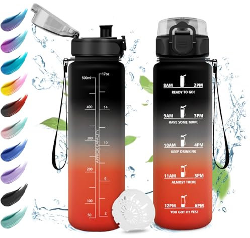 Trinkflasche 500ml, Wasserflasche mit Filte, Sport Trinkflaschen Kohlensäure Geeignet, Wasserflasche mit Zeitmarkierungen, Auslaufsicher Wasserflasche für Picknick, Schule, Junge, Mädchen, Büro