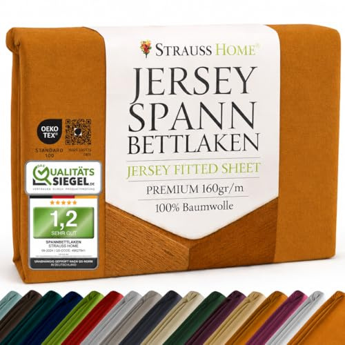 Strauss Home Premium Spannbettlaken Jersey 90x200-100x200 cm - 160 g/m² 100% gekämmte Baumwolle, 25 cm Steg, Oeko-TEX - für Einzelbett, Gästebett, Kinderbett - Senfgelb