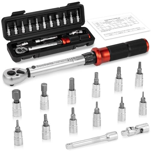 Toolwiz 1/4” Chiave Dinamometrica Bici, 2-26 NM Chiave Dinamometrica, Precisione ±3%, 15 Pezzi Kit di manutenzione per Bici Strada Montagna con Adattatore da 3/8, Punte Phillips Hex e Torx