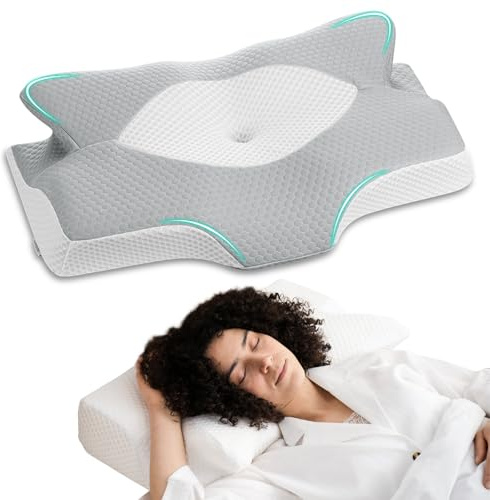 Cuscino Cervicale per Dormire, Cuscino Ortopedico Ergonomico Memory Foam, Supporto per Collo，per Dormire sul Fianco, Schiena e Stomac, 64 x 40 x 13/11.5 cm,Federe Raffreddamento Lavabile,Grigio Chiaro