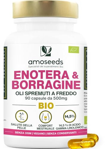 Olio di Enotera e Borragine BIO | Prima spremitura a freddo | 14,5% di acido gamma-linolenico | 90 capsule vegetali, vegan | Prodotto in Francia | Qualità Superiore