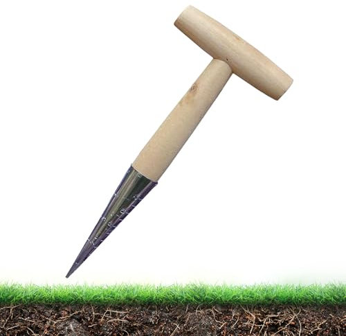 LUMOOM Blumenzwiebel Pflanzholz Werkzeuge, Blumenzwiebelpflanzer, mit Kalibrierung und Holzgriff Traditionelle Gartengeräte, Aussaat-Samenspender für die Gartenbepflanzung