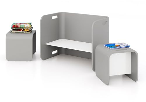 LIFEZEAL Barnstolsgrupp, multifunktionellt barnbord med 2 stolar, barnbordsstolset för barn från 3 år, inlärningsbord, sittgrupp för dagis, vardagsrum (grå)