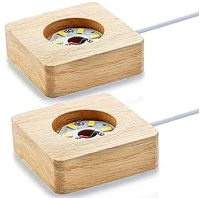 GodtKowty Pack 2 Wooden LED Display Base Crystal Glass Light Base Powered Light Stand for Crystal,Warm Light Square USB Glass, Resin Art, and Jewelry, for 3D Crystal Laser Displays