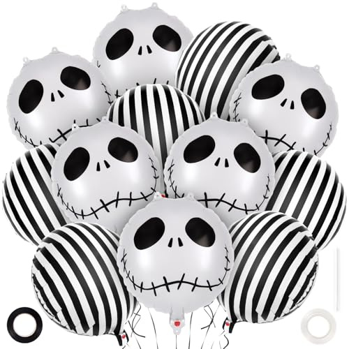 QINQINZIJIN 12 Stück Halloween Ballons, 18 Zoll Schädel Runde Ballons, Schwarz und Weiß Gestreifte Folienballons, für Halloween Deko Kinder Geburtstag Party Feste Karneval