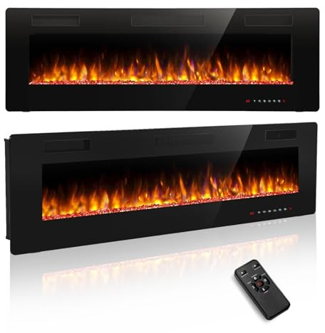 R.W.FLAME 50/ 127cm Media Wall Electric Fireplace, Recessed & Wall Mounted with 12 Colors Flame Effect, 1000/2000W Heater, Remote Control for Living Room