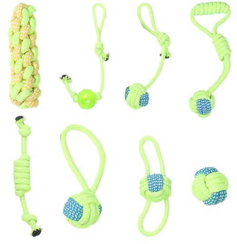 Nevalerra Giocattolo per cani, 8 pezzi, in cotone, giocattolo interattivo per cani, indistruttibile, per viaggi, piscina, parco, cortile, camera da letto, giardino, interni ed esterni, tempo della