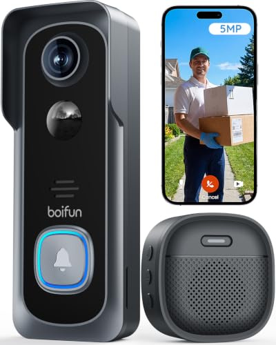 BOIFUN 2K＋ Video Doorbell Camera Wireless, No Monthly Fee, Motion Detection | Two-way Audio, Clear Night Vision, Rechargeable Battery, Works with Alexa, SD Card & Cloud Storage, 2.4GHz, Black/5MP