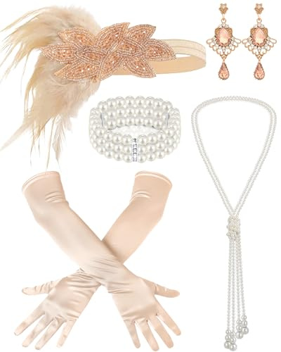 ETOFETE 5 Stück 20er Jahre Accessoires Damen, mit Feder Kopfschmuck Stirnband, Ohrringe, Handschuhe, Perlenkette und Armband, 1920 Charleston Kostüm Zubehör für Karneval