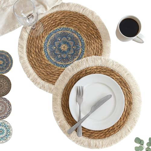 2er Set Boho Tischsets Rund 30 cm, handgeflochtene Naturfaser-Platzsets aus Rohrkolbenfasern, hitzebeständig & rutschfest, Platzdeckchen mit Fransen für Esstisch Küche Tischdeko, Blau Gold Mandala