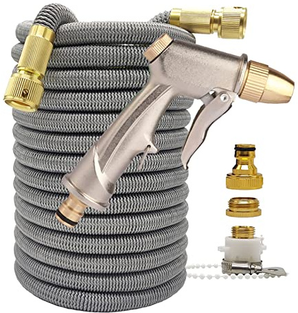 Tubo da giardino espandibile ad alta pressione da giardino con doppio connettore in metallo, tubi dell'acqua per lavaggio auto, irrigazione da giardino e fattoria (tubo grigio con pistola, 15 m esteso