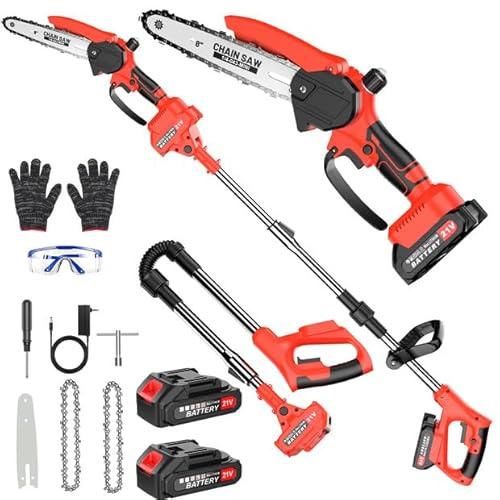Motosierra Batería Sin Cable, 2 en 1 Mini Motosierra y Podadora de Pértiga, con 2 Baterías de 1500mAh, Sierra de Poda Telescópica Eléctrica, Guantes para Podar Arboles Patio de Jardín árboles, Rojo