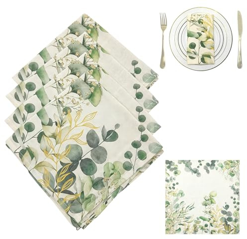 KASESSS Set di 4 Tovaglioli Cotone Lino Eucalipto, Riutilizzabili Morbido Tovaglioli Stoffa con Stampa Dorata, Tovagliolo per Decorazione da Tavolo, Matrimonio, Feste, Domestico, Cena, Natale 40x40cm