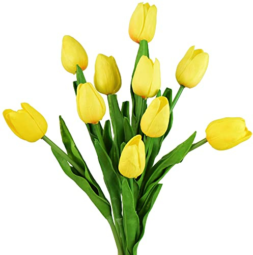 FiveSeasonStuff 10 Stems of Real Touch Tulip Artificial Flowers Bouquet, Perfect for Wedding, Bridal, Party, Home, Holidays, Garden, Birthday, Office Décor DIY (Yellow)