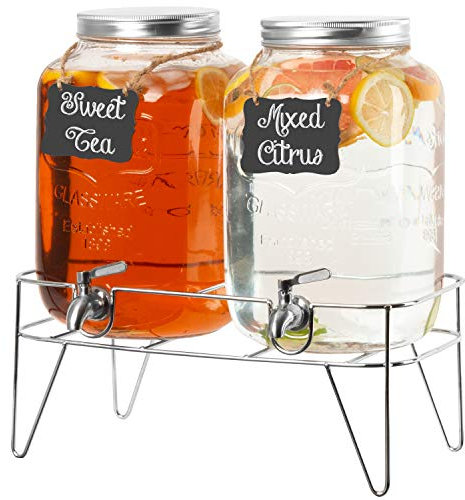Ilyapa 2 Gallon Drink Dispenser, 2 Pack with Metal Base, Stainless Steel Spigot - Drink Dispensers for Parties, Beverages Such As Lemonade, Tea, Water