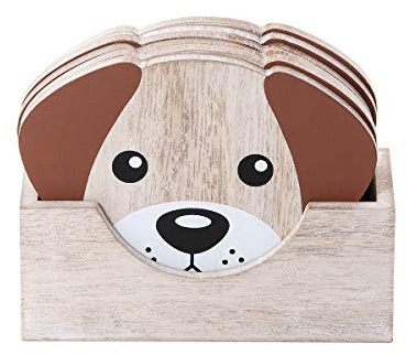 SPOTTED DOG GIFT COMPANY Cute Coaster Set of 6 with Holder, Wooden Dog Coasters Cup Mats for Drinks Glass Coffee Tea Mug, Decorative Kitchen Accessories, Gifts for Dog Lovers - Brown