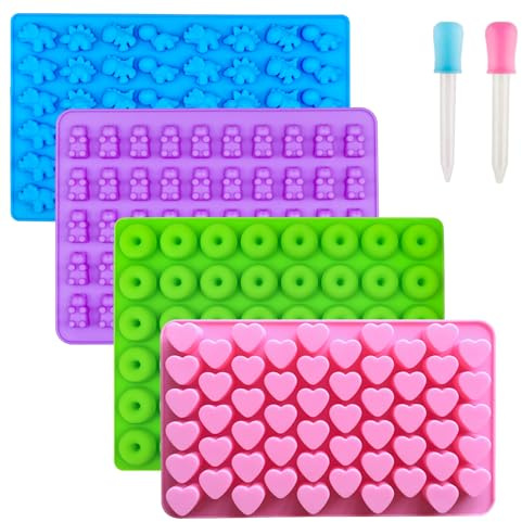 WARM TIME Gummy Bear Candy Molds Silicone, Mini Gummy Molds with 2 Droppers, Food Grade Non-Stick Silicone Molds Including Heart, Dinosaur, Bear, and Donut, Set of 4