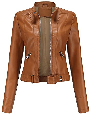 YFFUSHI Women Classic Faux Leather PU Moto Biker Jacket Short Slim Fit Casual Zip Up Coat