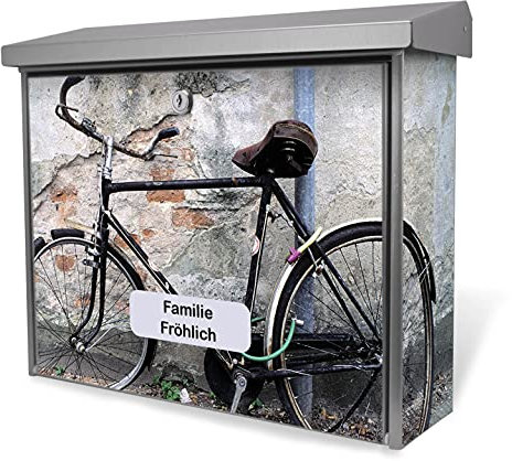 banjado® Burgwächter Briefkasten Edelstahl 38,5x31,5x12cm mit Motiv Nostalgie Rad/Briefkasten Edelstahl ohne Zeitungsfach/Briefkasten grau/Postkasten inkl. Montagematerial & 2 Schlüsseln