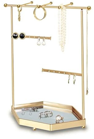 Organisateur de Bijoux en Acier Inoxydable | Plateau Miroir | Élégant Porte Arbre Chic Boucles d'Oreilles & Accessoires | Idéal Bracelets & Colliers | Présentoir Doré Exquis | 24*12*29cm(Or Percé)