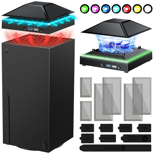 Ventola di raffreddamento RGB per Xbox Series X con filtro antipolvere, accessori per sistema di raffreddamento con luce LED colorata, ventola regolabile a 3 livelli a basso rumore, 2 porte USB extra