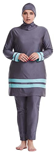 OBEEII Muslimischer Badeanzug Damen Mädchen - Bescheidene Bademode, Muslim Islamischen Schwimmhose mit Badekappe Badebekleidung Modest Beachwear Burkini für Frauen Tankini Grau XL