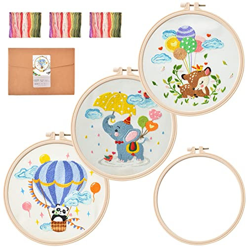 SacJkt Stickset Tiere, 3 Stück Sticken für Anfänger mit Stickrahmen, Sticken Set Erwachsene, Rehe+Panda+Elefant Embroidery Kit für DIY Kunst, Handwerk, Nähen, Geburtstagsgeschenke, Weihnachtsgeschenke