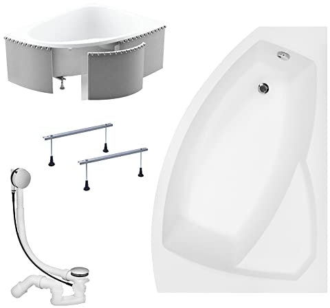 KOLMAN Badewanne RIMA Eckbadewanne 160x100 Rechts mit Styroporverkleidung, Ablaufgarnitur und Füßen Komplettset 4in1 Premium Original Acryl Wanne Siphon