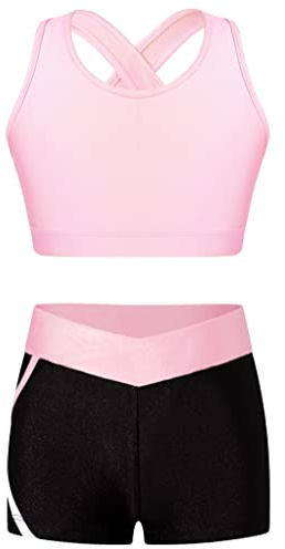 Mufeng Ensemble de Sport Enfant Fille Débardeur Brassière Dos Nu Crop Top de Fitness + Short de Sport Gym Costume Survetement 3-16 Ans A Rose 7-8 ans